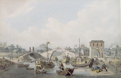 Bateaux sur la rivière à Suchow, Chine (aquarelle sur plomb noir) - William Alexander