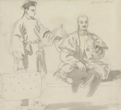 Deux figures chinoises : Un vendeur de chapeaux et un homme assis en tailleur, fumant une pipe - William Alexander