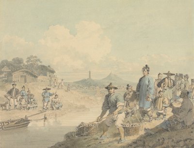 Vue en Chine : personnages avec pagode et montagne - William Alexander