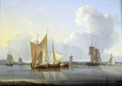Arrivée à Limehouse, Londres (Angleterre), divers bateaux sur la Tamise et un moulin sur la rive, et à droite l