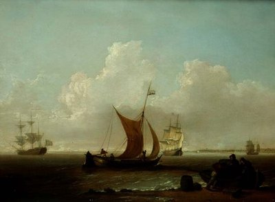 Navires hollandais au large des côtes de Hollande avec des pêcheurs chargeant un bateau à terre - William Anderson