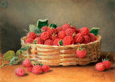 Nature morte de framboises dans un panier en osier - William B. Hough