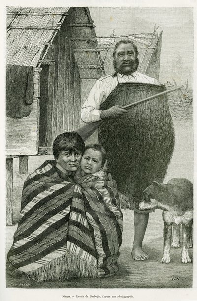 Trois générations de Maori. Gravure par Barbotin, pour illustrer l