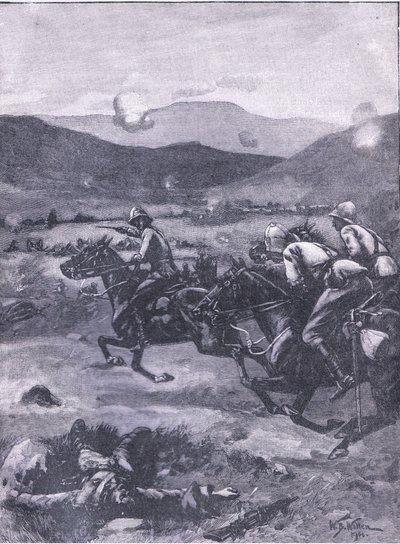 La bataille de Colenso : Le lieutenant Roberts galopant pour récupérer le désastre des canons, illustration de l
