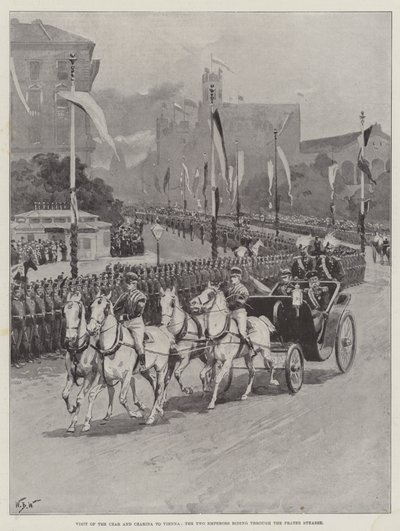 Visite du Tsar et de la Tsarine à Vienne, les deux empereurs traversant la Prater Strasse - William Barnes Wollen