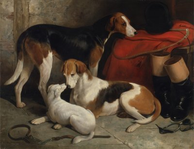 Un couple de foxhounds de Lord Henry Bentinck avec un terrier, c.1845 - William Barraud