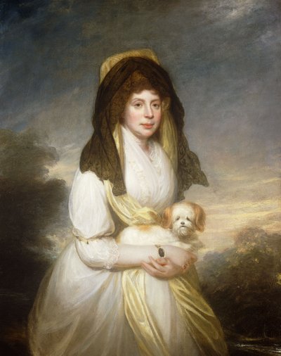Portrait de la reine Charlotte, trois-quarts longueur, en robe blanche, un châle jaune et une mantille noire, tenant un chien maltais, dans les jardins de Frogmore House - William Beechey