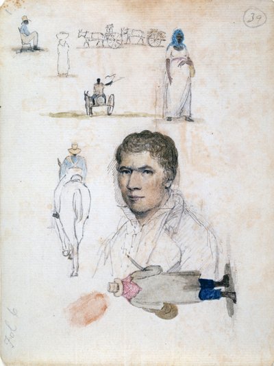 Huit petits dessins, y compris portrait, études de figures, charrettes, par l