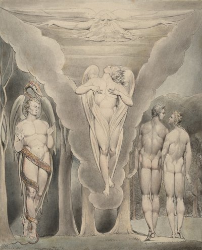 Illustration 4 du "Paradis perdu" de Milton : Satan espionnant Adam et Ève et la descente de Raphaël au paradis, 1807 - William Blake