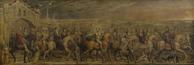 Sir Jeffrey Chaucer (c.1342-1400) et les vingt-neuf pèlerins en route pour Canterbury - William Blake