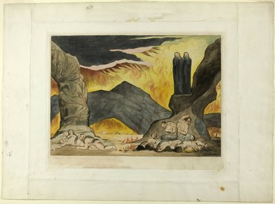 Le cercle des falsificateurs : Dante et Virgile se couvrant le nez à cause de la puanteur. Enfer, chant XXIX - William Blake