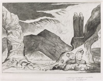 Le cercle des falsificateurs : Dante et Virgile se couvrant le nez à cause de la puanteur - William Blake
