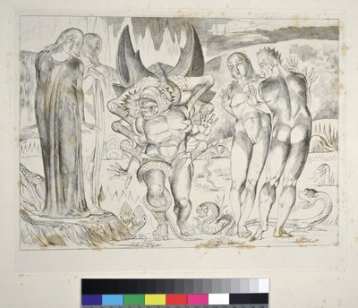 Le Cercle des Voleurs : Agnolo Brunelleschi attaqué par un serpent à six pieds. Enfer, Chant XXV, illustration de la Divine Comédie de Dante Alighieri - William Blake