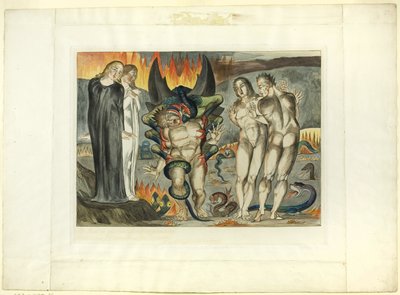 Le Cercle des Voleurs; Agnolo Brunelleschi attaqué par un serpent à six pieds. Enfer, chant XXV - William Blake
