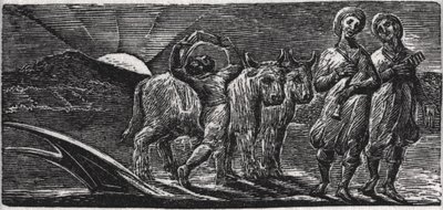 Avec des chansons, les joyeux laboureurs reviennent de la charrue, illustration de 