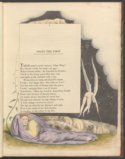 Les pensées nocturnes de Young, Page 1, "Vole rapidement sur son aile duveteuse loin du chagrin" - William Blake