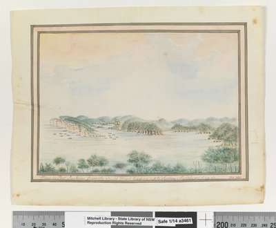 Opp. p. 123. `Vue de Port Jackson depuis la tête sud menant à Sydney; Supply naviguant.
