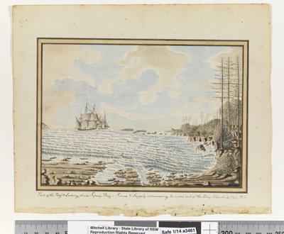 Opp. p. 194. `Partie du récif et lieux de débarquement baie de Sydney; Sirius et Supply tentant de sortir de la baie. 19 mars 1790
