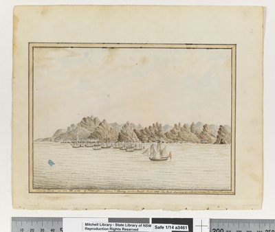 Santa Cruz sur le côté sud-est de Tenerife; Sirius et convoi dans les routes. Juin 1787. Le pic montrant dans un écart entre deux autres montagnes - William Bradley