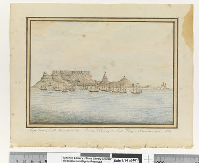 Opp. p. 46. `Le Cap, Montagne de la Table &c; Sirius & Convoy dans la baie de la Table, novembre 1787