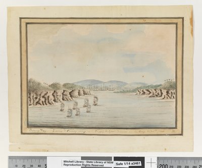 Opp. p. 56. `Botany Bay. Sirius et convoi entrant : Supply et division des agents dans la baie. 21 janvier 1788