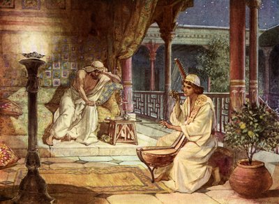 David jouant de la harpe pour Saül - Bible - William Brassey Hole
