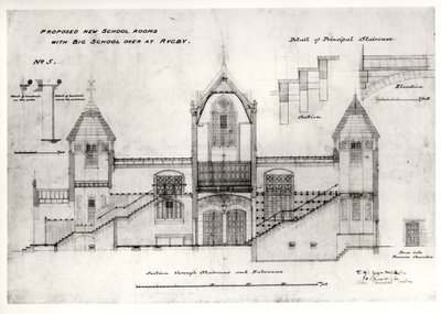 Détails des entrées, escaliers, porte de la chambre de la chaudière et rampes, (New Big School), Rugby School, 1844 (encre noire, crayon et aquarelle) - William Butterfield