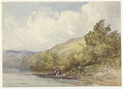 Paysage vallonné avec un lac et un bateau avec deux figures - William Callow