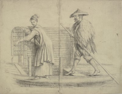 Scène chinoise. Homme et femme sur un bateau fluvial - William Chambers
