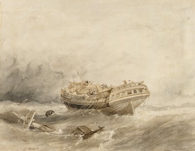 Un navire marchand déraille dans le calme après la tempête - William Clarkson Stanfield
