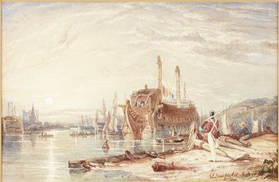 Hulk dans le port de Falmouth (aquarelle rehaussée de blanc sur papier) - Clarkson Frederick Stanfield