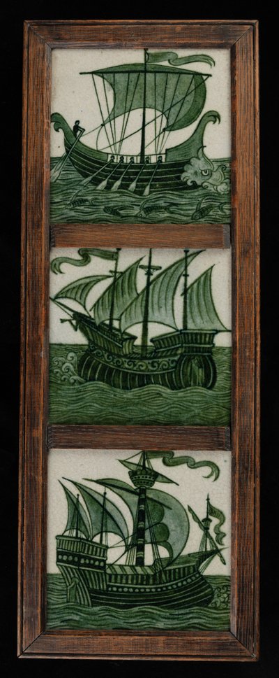 Panneau de carreaux de navires à pleine voile, encadré, vers 1865-80 - William de Morgan