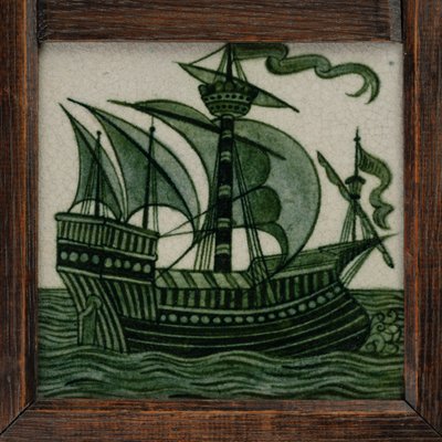 Panneau de carreaux de navires à pleine voile, encadré, vers 1865-80 - William de Morgan