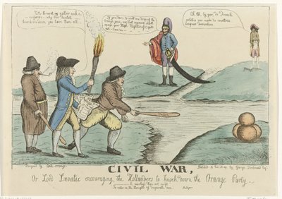 Caricature anglaise des troubles civils néerlandais, 1787 Civil war, or Lord Lunatic encouraging the Hollanders to Knock down the Orange Party (titre sur l