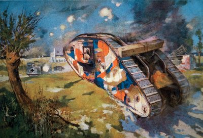 Char britannique Mk IV camouflé en action contre un char allemand pendant la Première Guerre mondiale, illustration publiée dans 