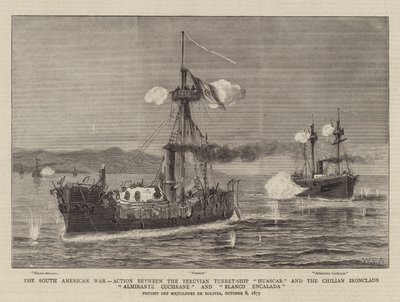 La guerre sud-américaine, action entre le navire-tourelle péruvien Huascar et les cuirassés chiliens Almirante Cochrane et Blanco Encalada - William Edward Atkins
