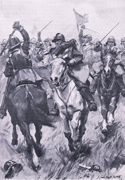 Le conflit de cavalerie à Dunbar, 3 septembre 1650, illustration de British Battles on Land and Sea, 1915 - William Edward Stott