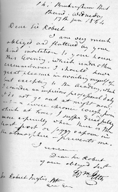 Une lettre de William Etty, 17 janvier 1844 - William Etty