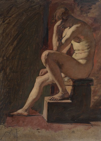 Nu masculin assis, tête reposant contre la main, pied gauche reposant sur un bloc - William Etty