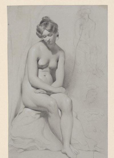Modèle féminin nu assis avec une coiffure haute, esquissé à côté - William Etty