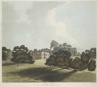 Figures et un cheval dans un parc; Maison Vinters au milieu; arbres tout au long de la scène - William Green