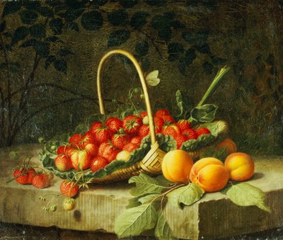 Un panier de fraises avec des pêches sur un rebord de pierre, 1856 - William Hammer