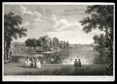 Vue du lac depuis la promenade centrale dans le jardin de West Wycombe, Buckinghamshire, gravé par William Woollett (1735-85) - William Hannan