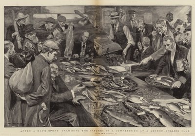 Après une journée de sport, examen des prises dans une compétition à un club de pêche londonien - William Hatherell