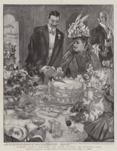 Le mariage de Madame Patti, la mariée coupant le gâteau de mariage - William Hatherell