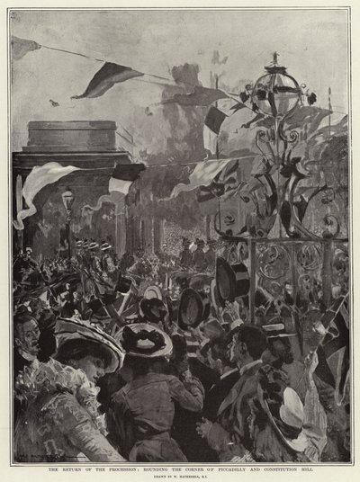 Le retour de la procession, tournant le coin de Piccadilly et Constitution Hill - William Hatherell