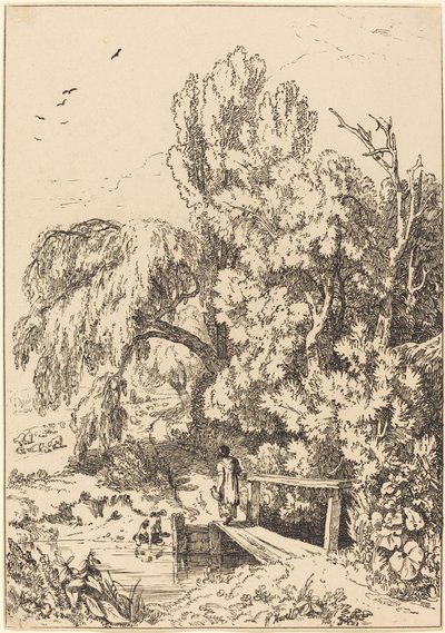 Paysage avec Arbres, Fille Traversant une Passerelle - William Havell