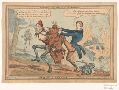 Caricature de Sir Robert Peel Peeling a Charley / Michaelmas Day 1829 or the last Watchman - William Heath