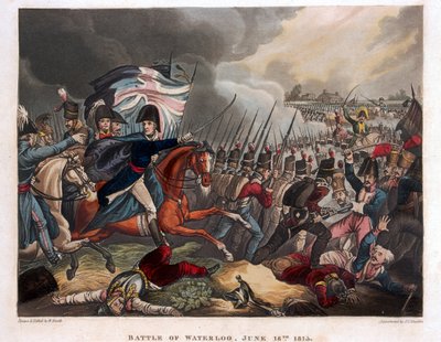 Le Duc de Wellington (1769-1852) avec des troupes avançant à la Bataille de Waterloo, illustration d