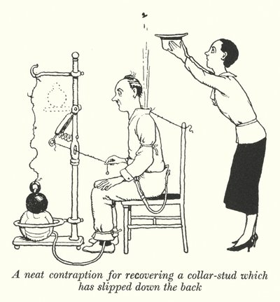 Une astuce pour récupérer un bouton de col tombé dans le dos (lithographie) - William Heath Robinson
